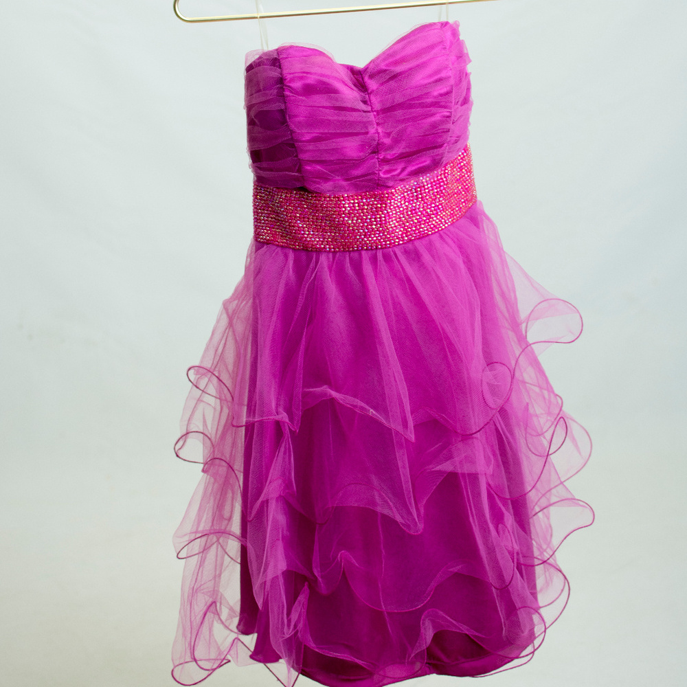 My Michelle Dress Pink Strapless Sheer Ruffle